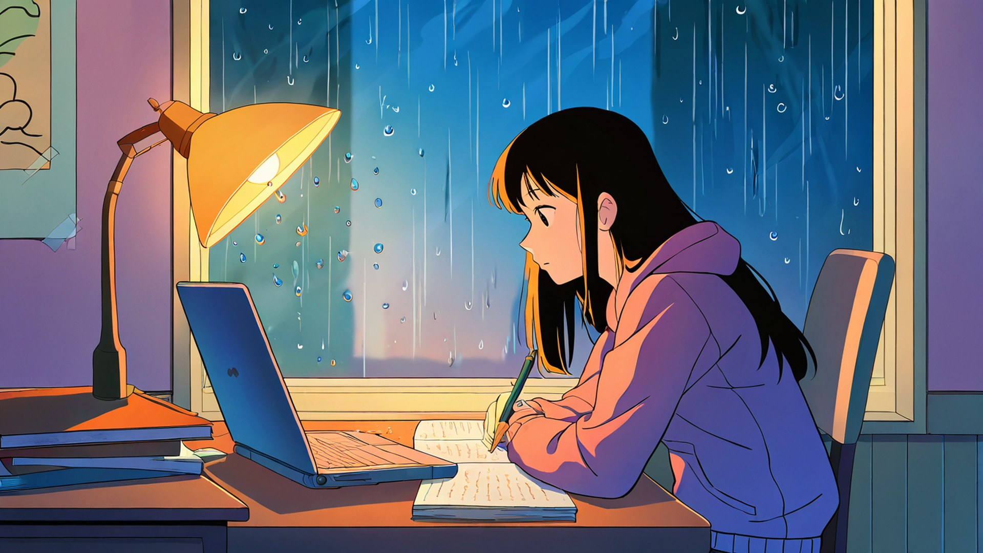 girl studying rainy window lofi wallpaper