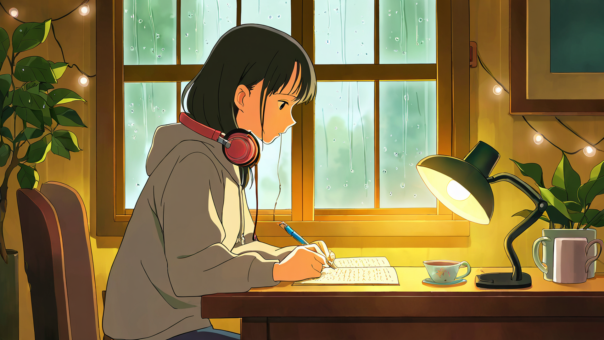 girl studying rainy window lofi wallpaper
