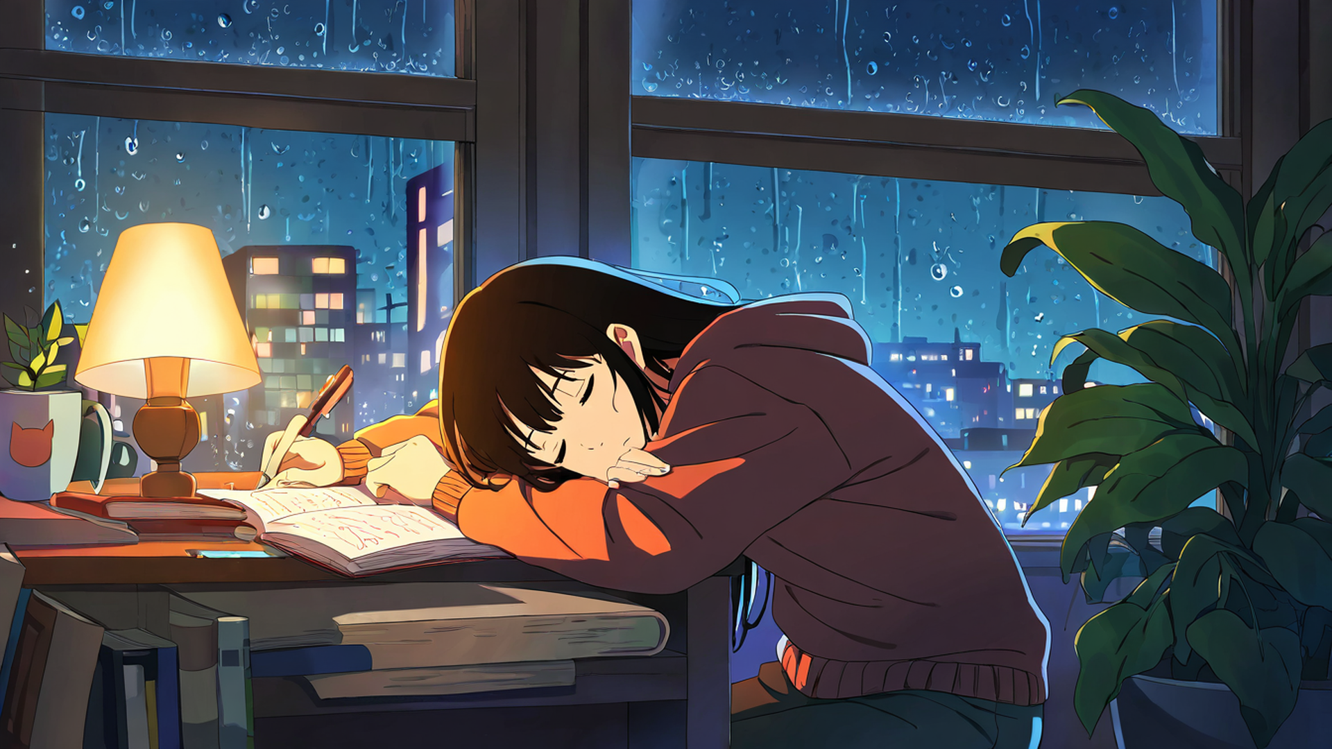 girl studying rainy window lofi wallpaper