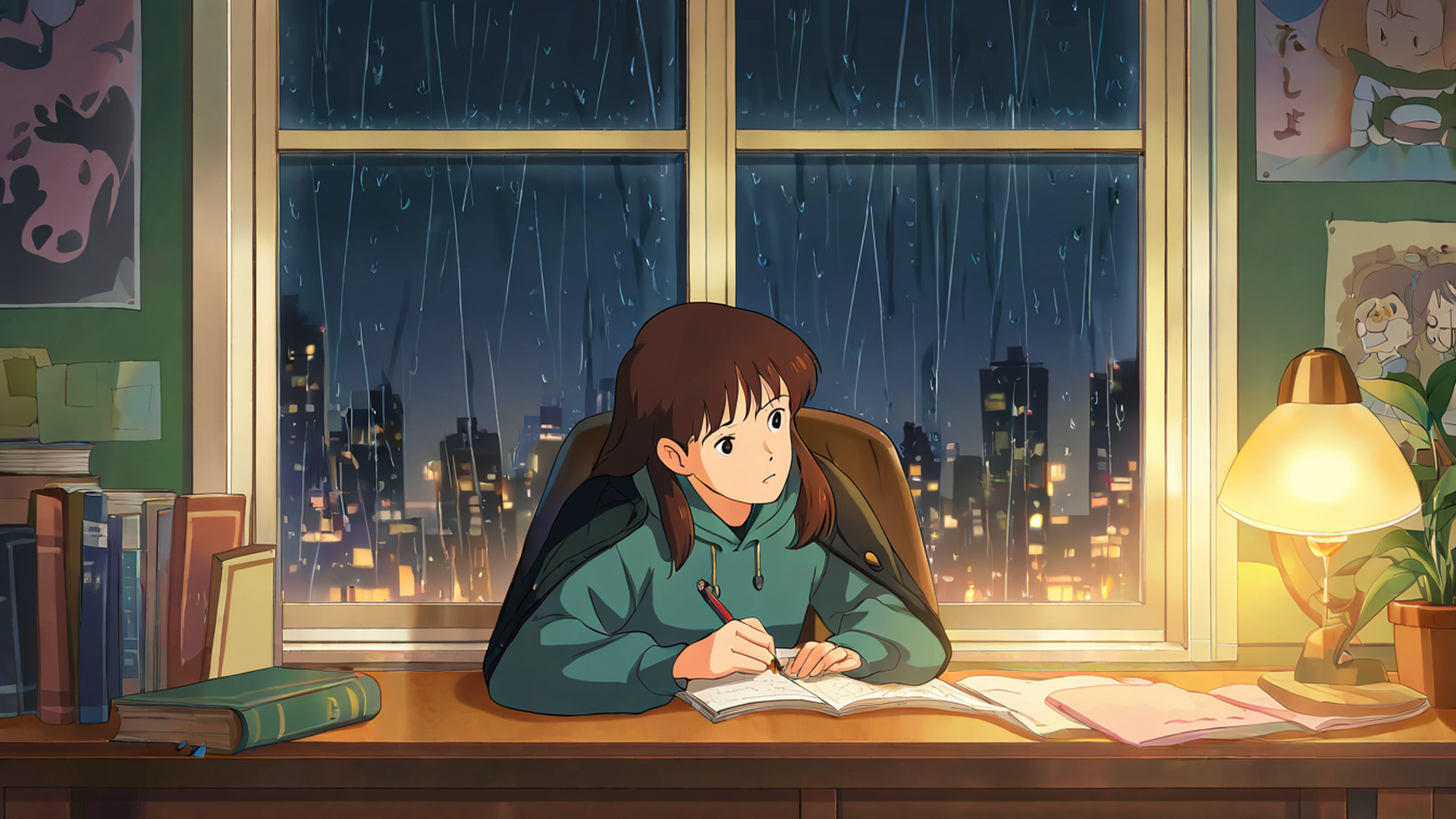 Girl Studying Rainy Window Girl Studying Rainy Window 0045373390 lofi anime wallpaper free download