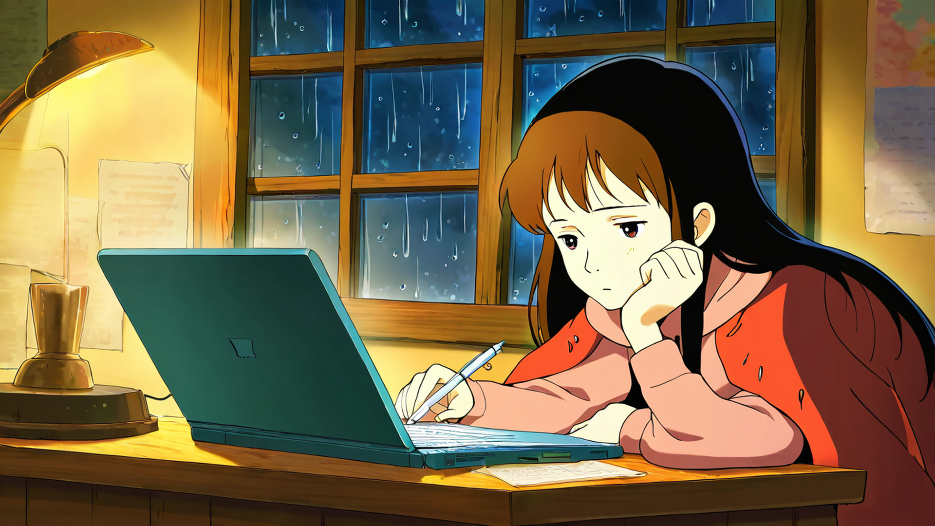 girl studying rainy window lofi wallpaper