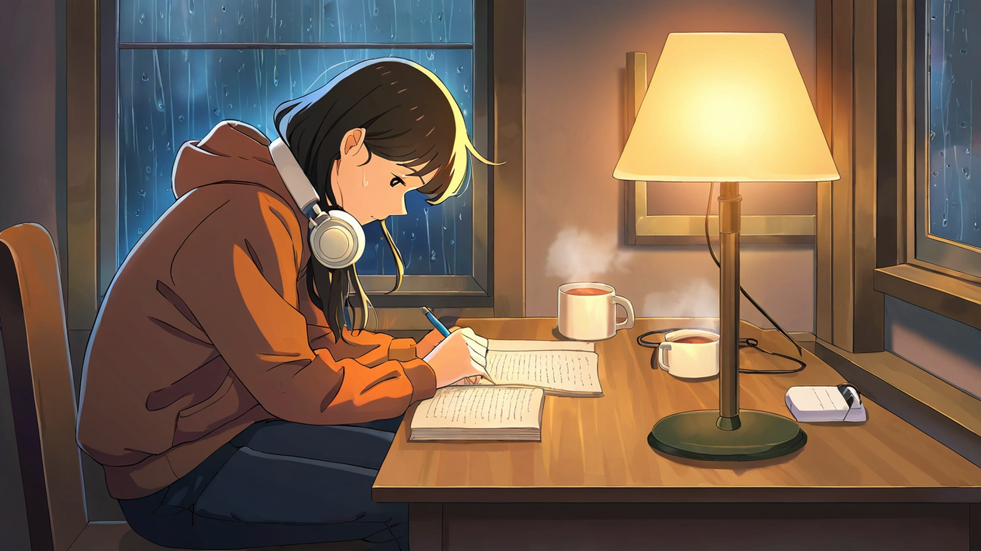 girl studying rainy window lofi wallpaper
