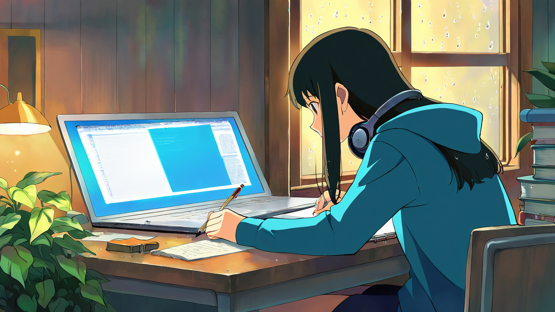 girl studying rainy window lofi wallpaper