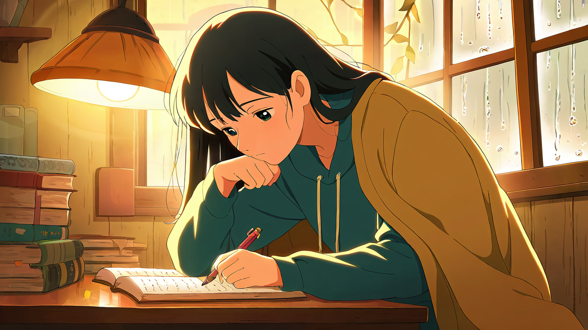 Girl Studying Rainy Window Girl Studying Rainy Window 0072274586 lofi anime wallpaper free download