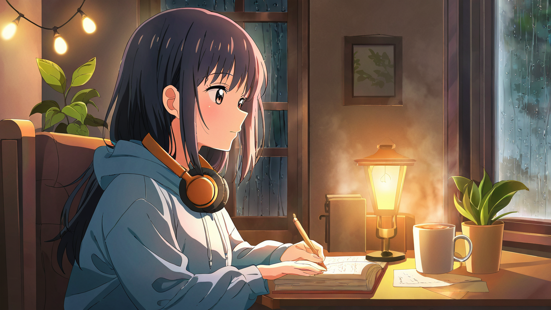 girl studying rainy window lofi wallpaper