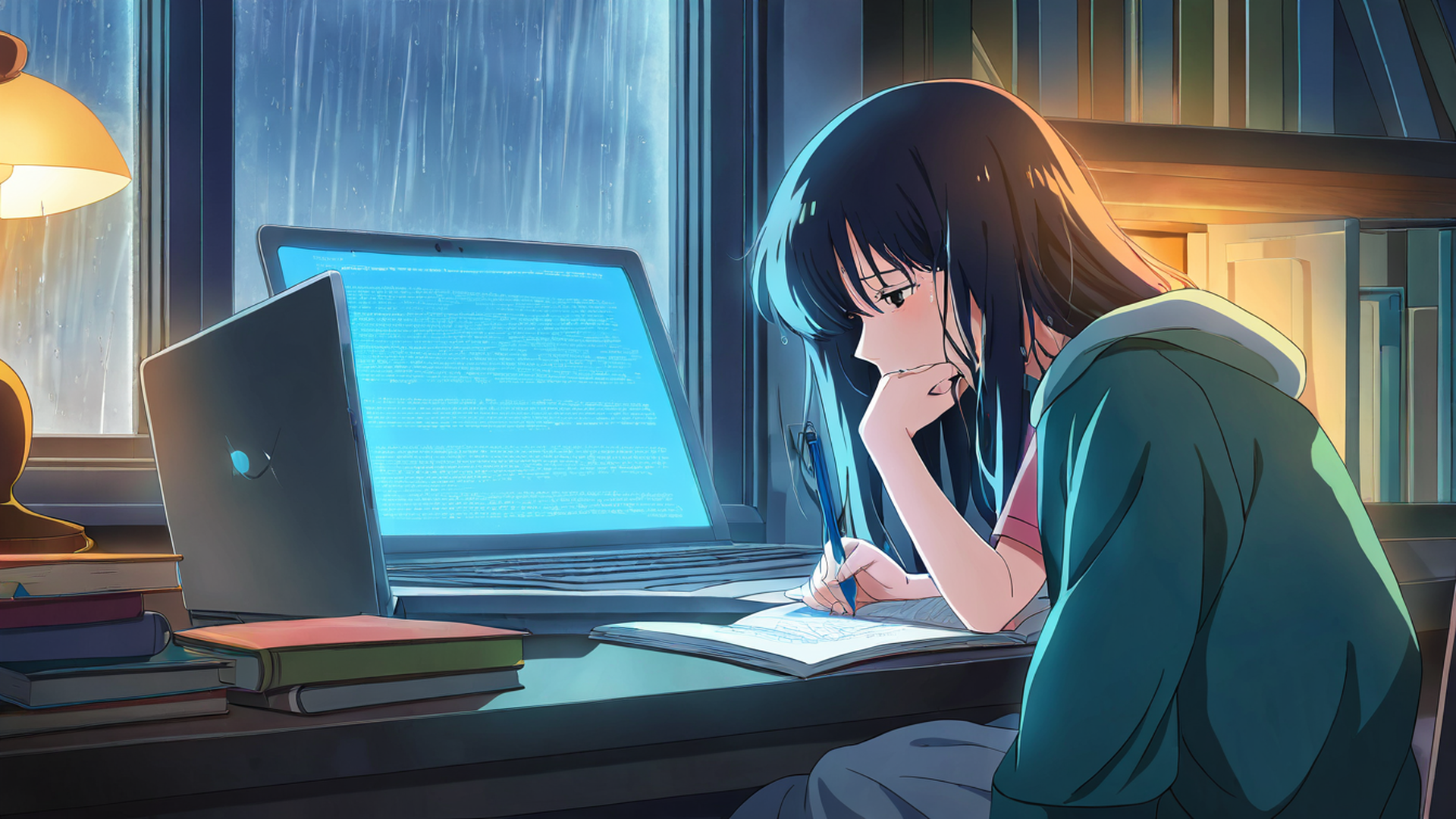 girl studying rainy window lofi wallpaper