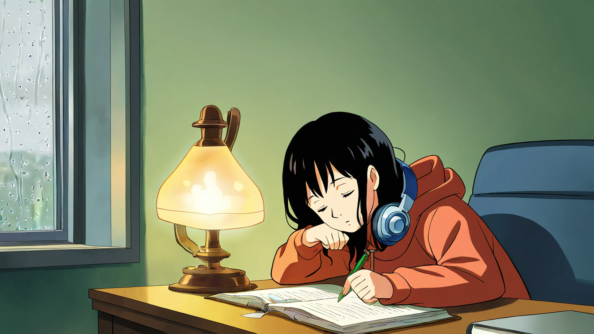 girl studying rainy window lofi wallpaper