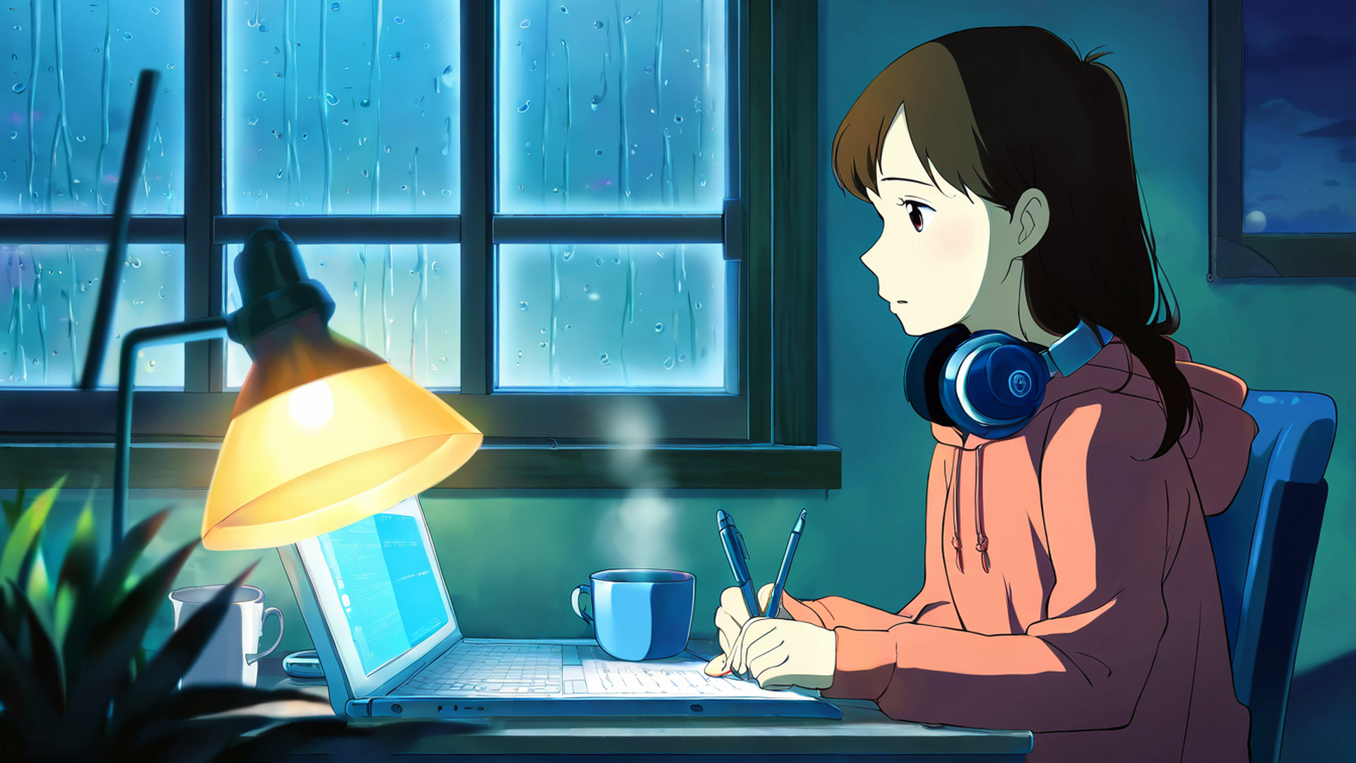 girl studying rainy window lofi wallpaper