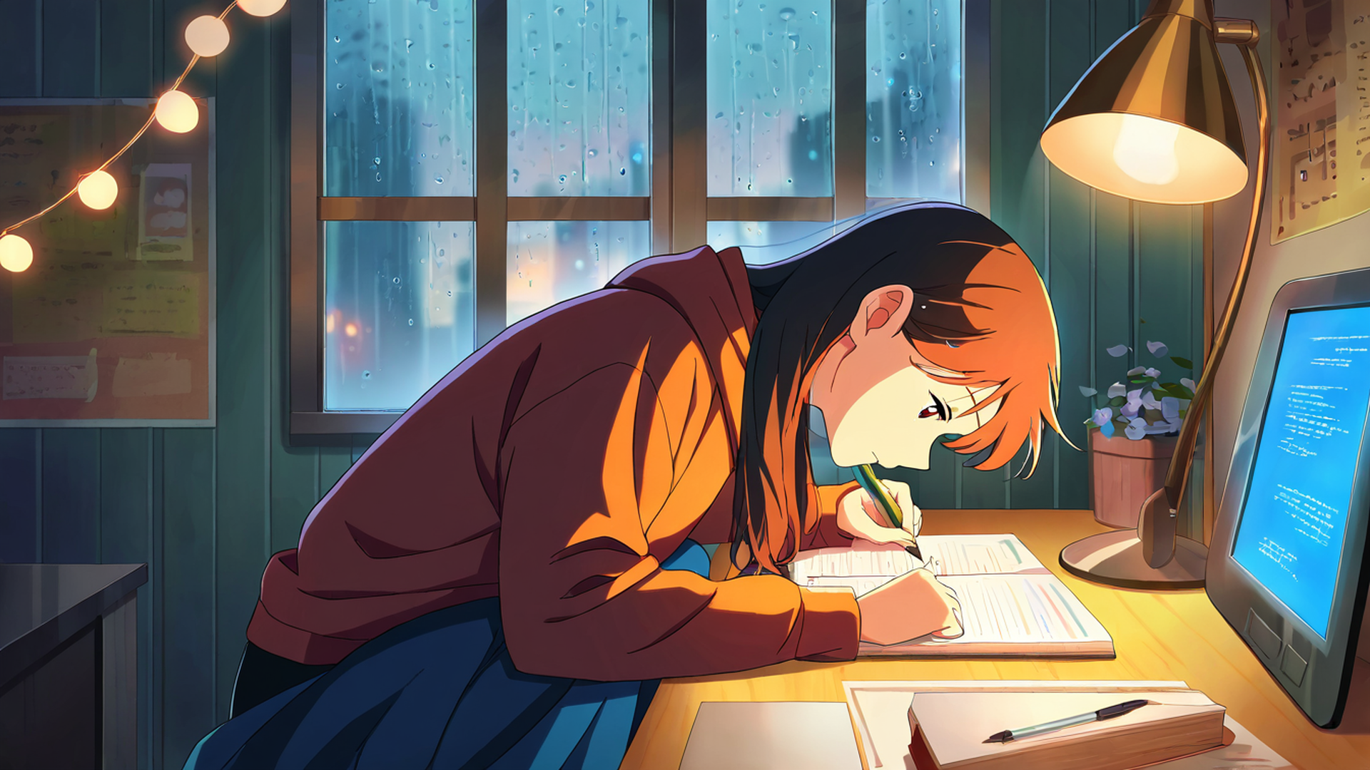 Girl Studying Rainy Window Girl Studying Rainy Window 0142007689 lofi anime wallpaper free download