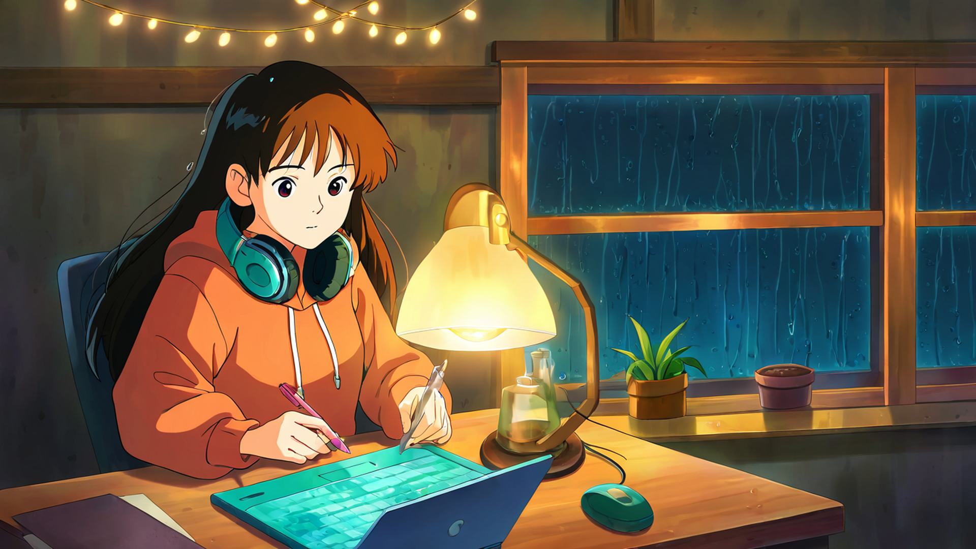 girl studying rainy window lofi wallpaper