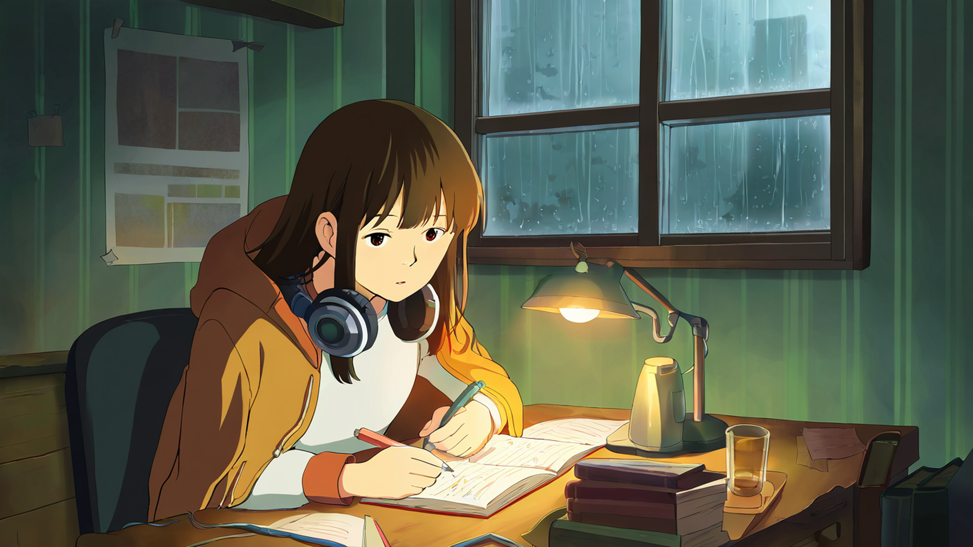girl studying rainy window lofi wallpaper