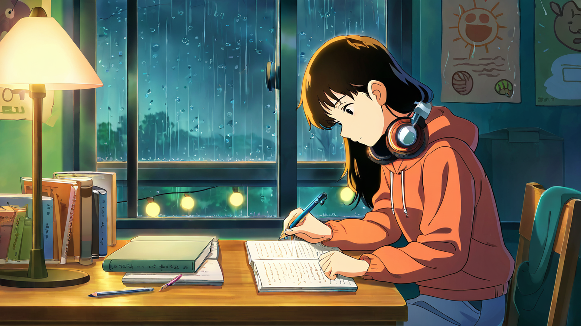 girl studying rainy window lofi wallpaper