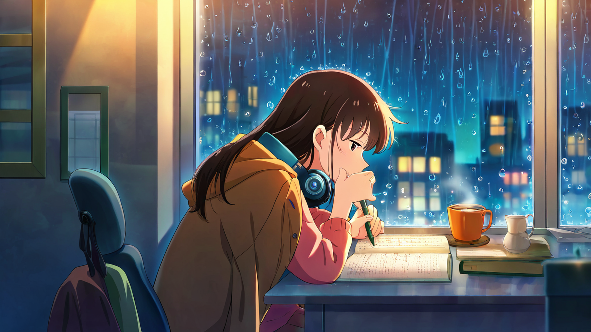 girl studying rainy window lofi wallpaper
