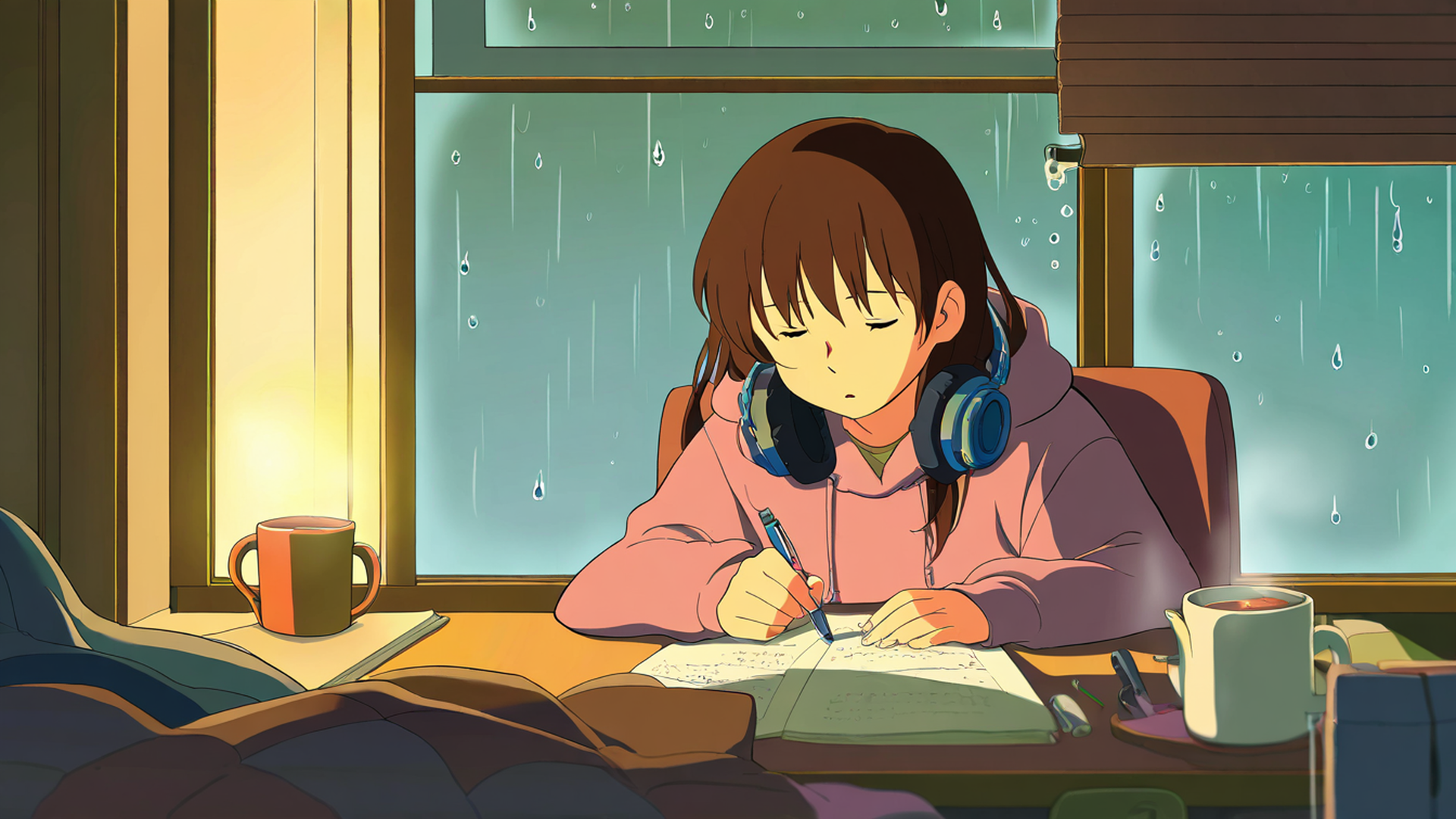 girl studying rainy window lofi wallpaper