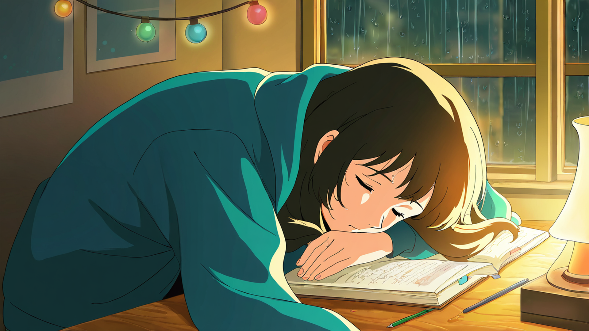 girl studying rainy window lofi wallpaper