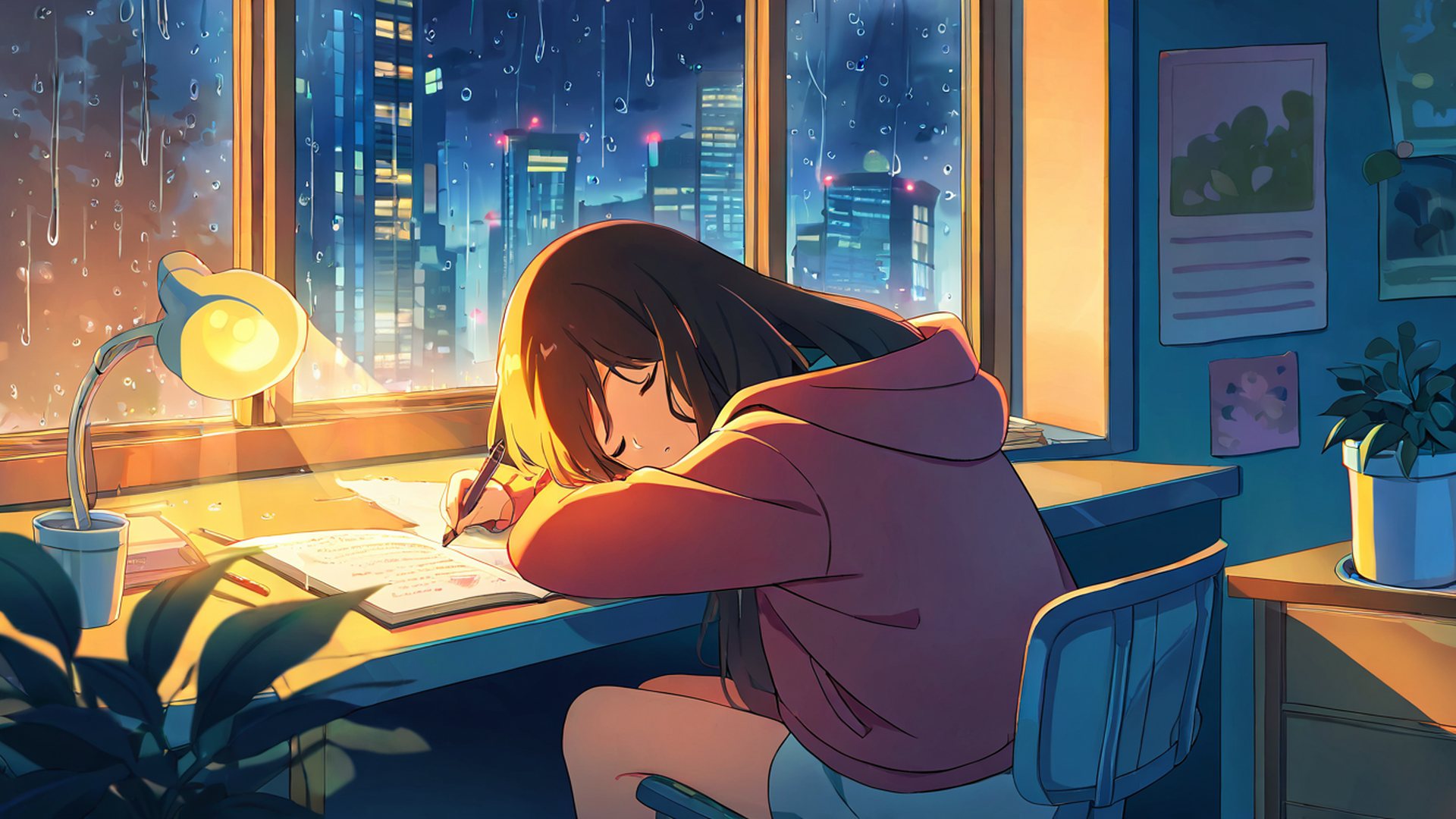 girl studying rainy window lofi wallpaper