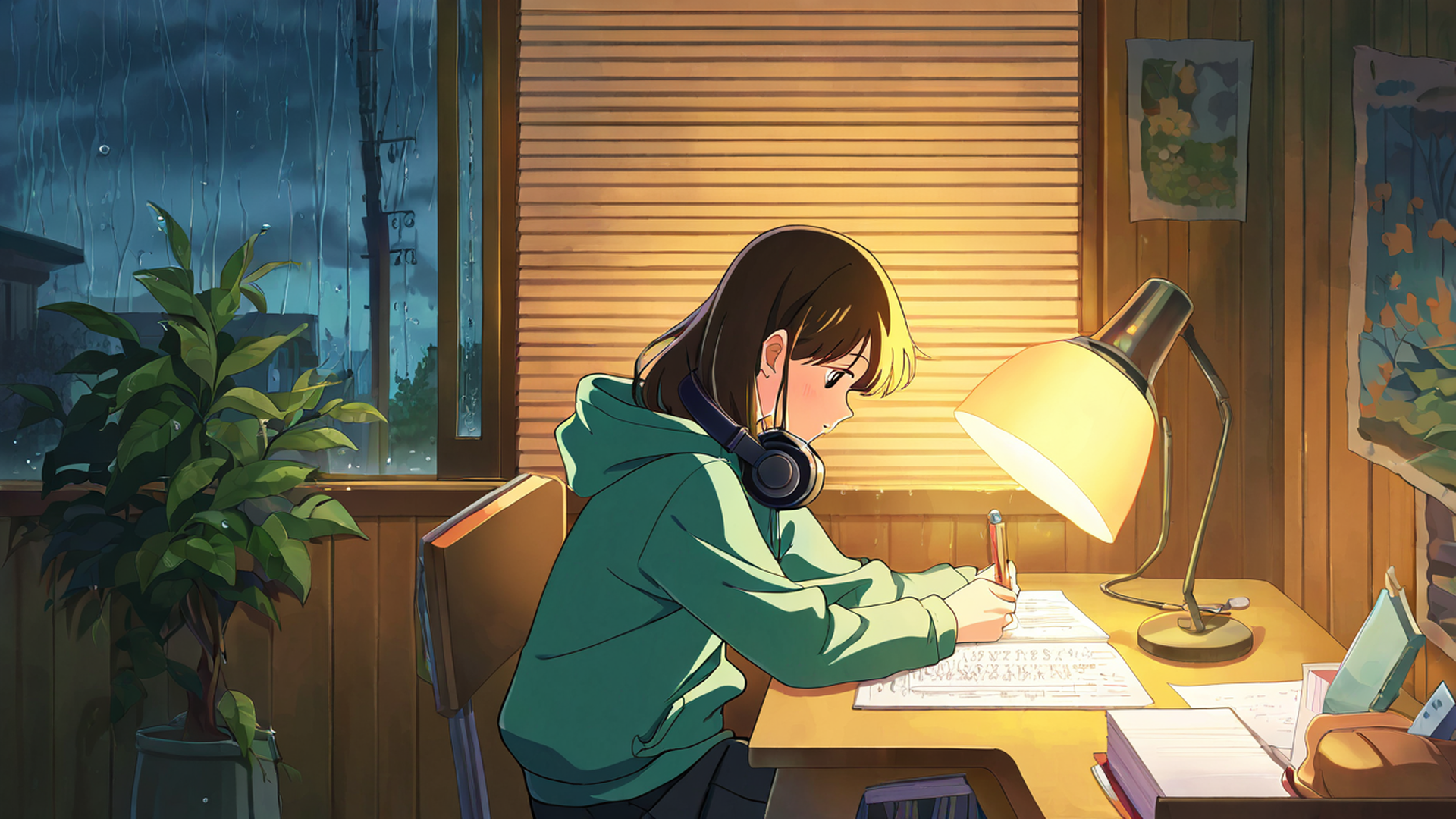 girl studying rainy window lofi wallpaper
