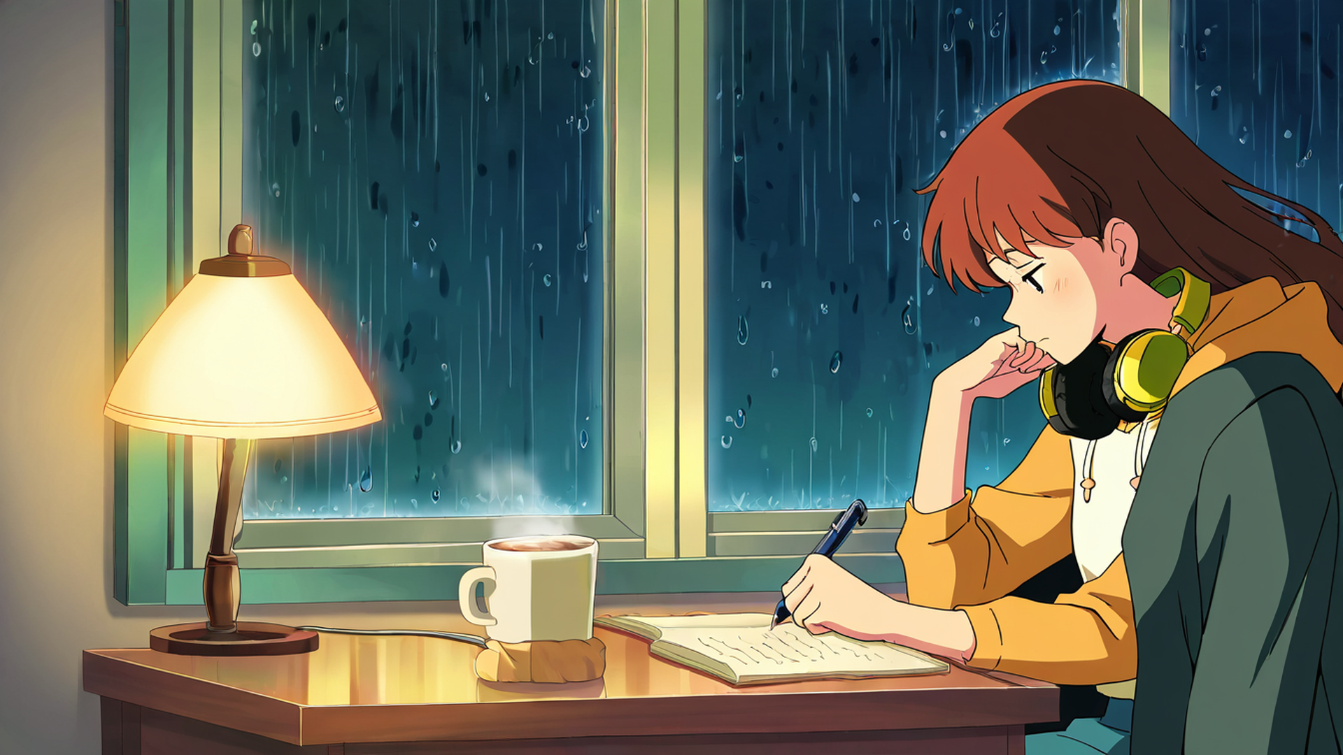 Girl Studying Rainy Window Girl Studying Rainy Window 0201612566 lofi anime wallpaper free download