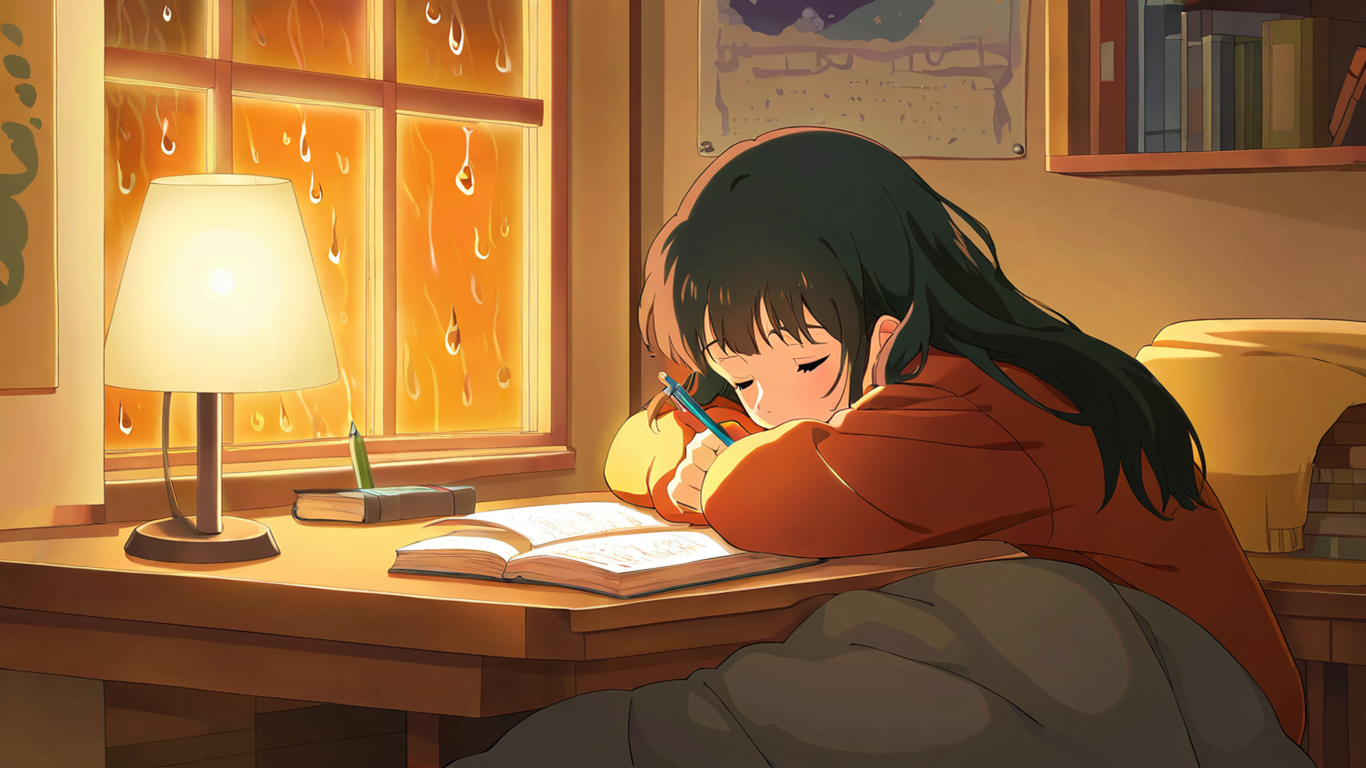 girl studying rainy window lofi wallpaper