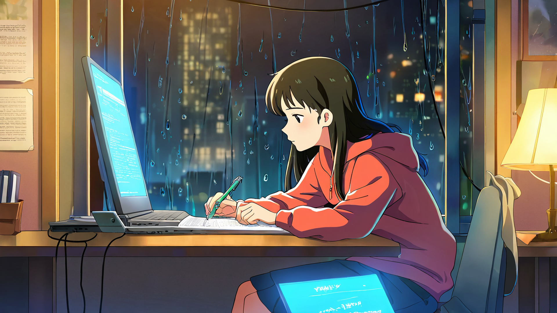 girl studying rainy window lofi wallpaper