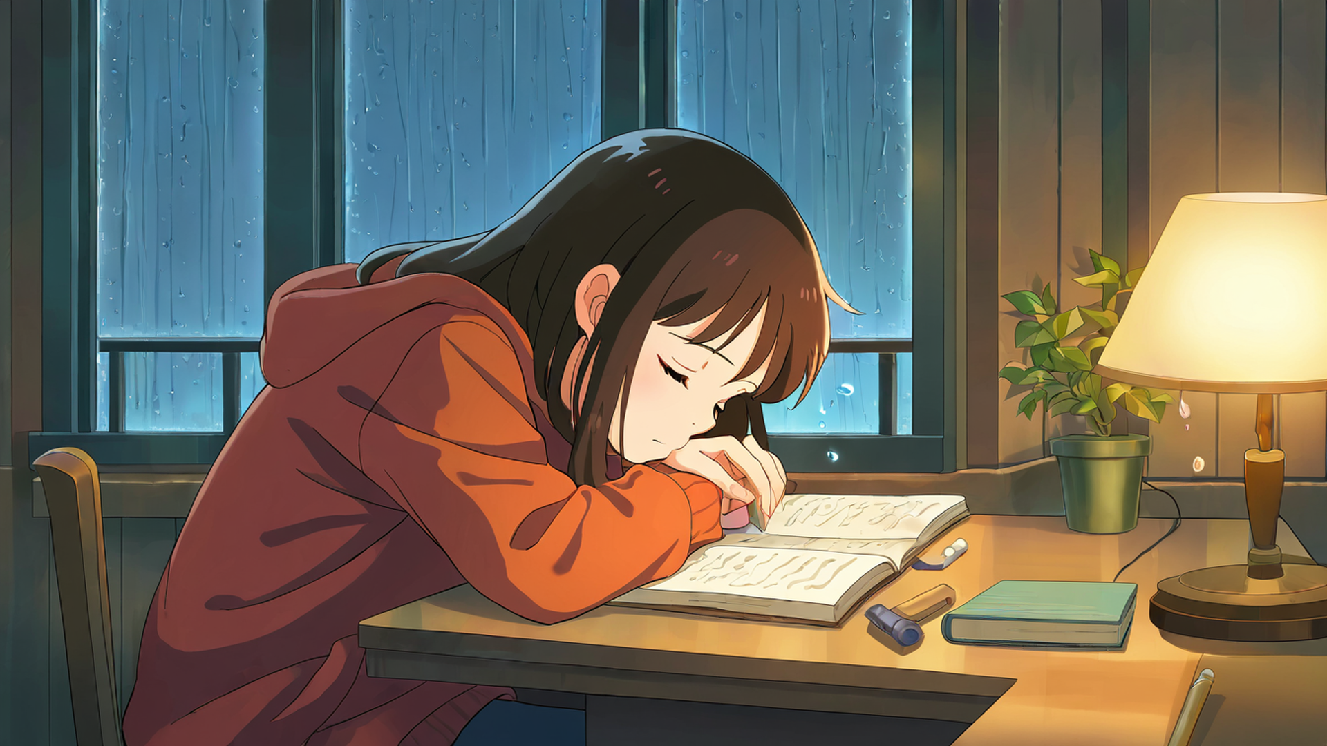 girl studying rainy window lofi wallpaper