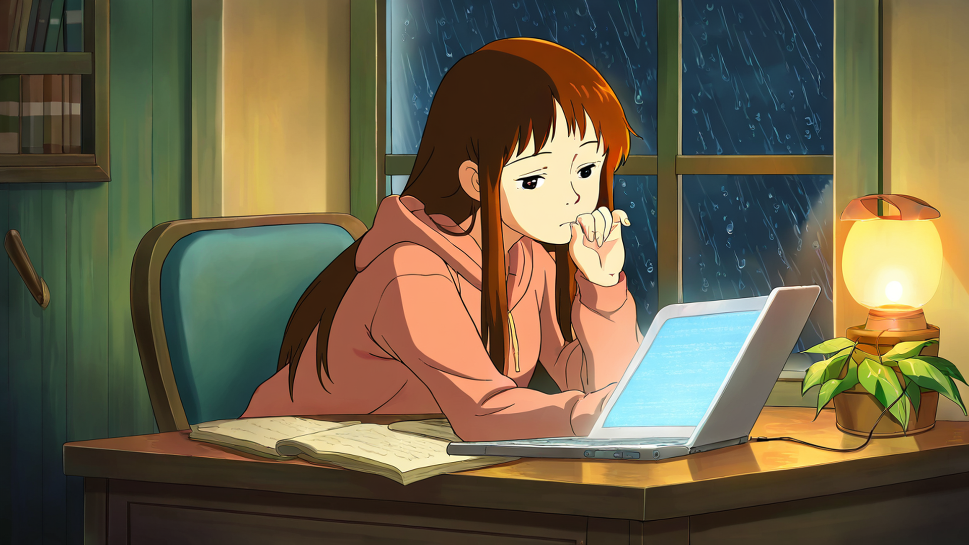 girl studying rainy window lofi wallpaper