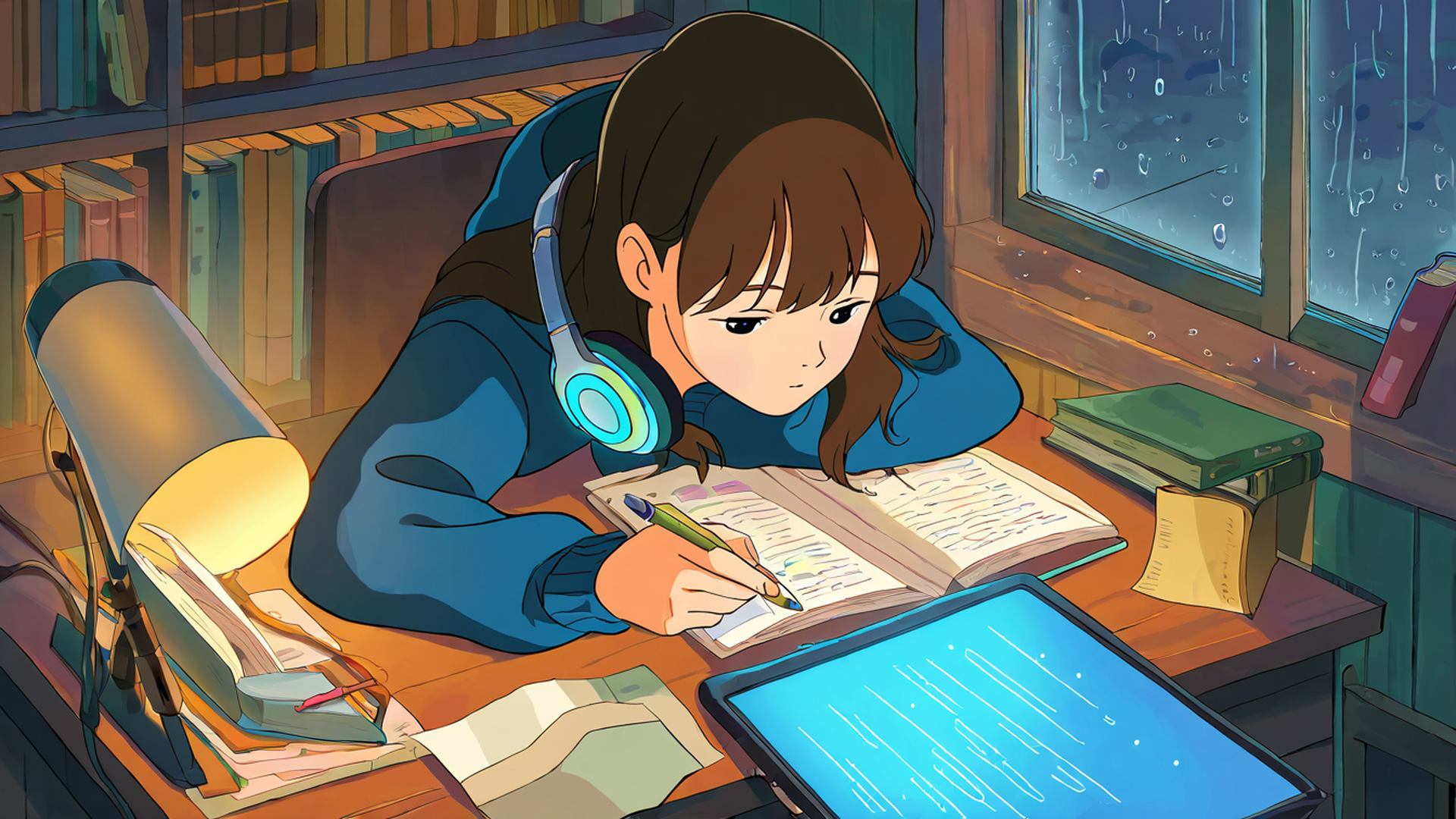 girl studying rainy window lofi wallpaper