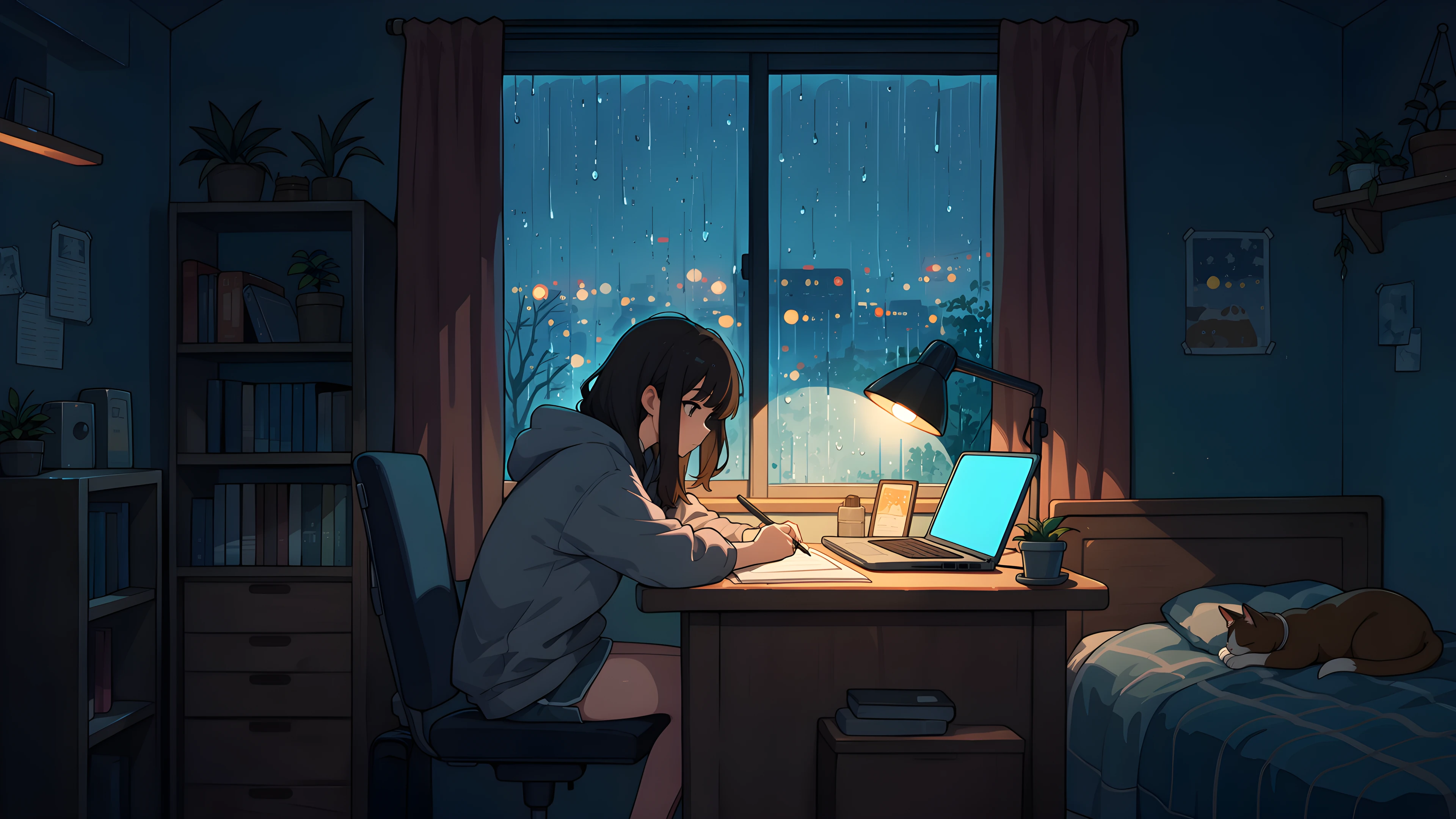 Girl Studying Rainy Window variant — Japanese aesthetic lofi wallpaper HD 4K Ultrawide