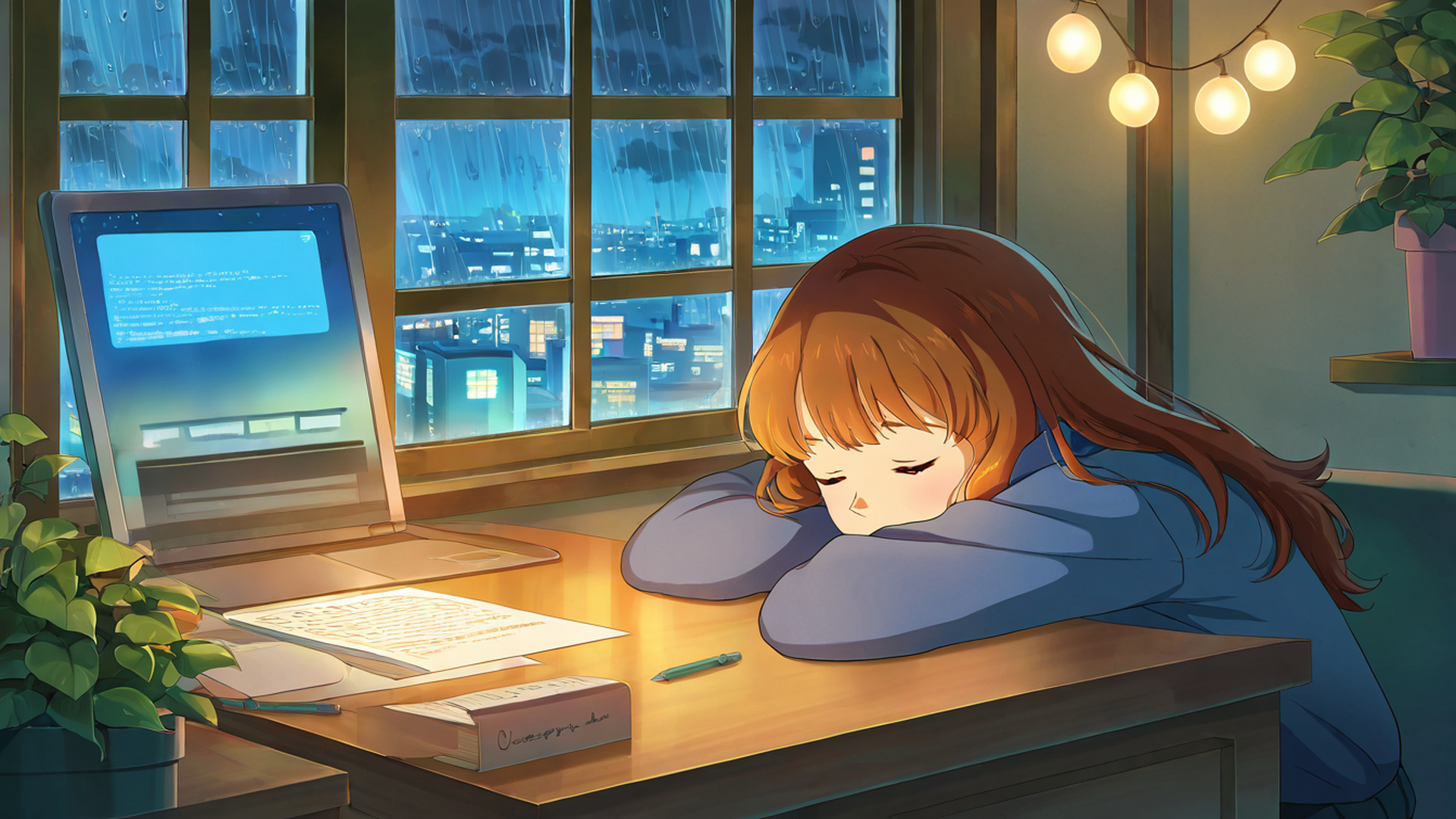 girl studying rainy window lofi wallpaper