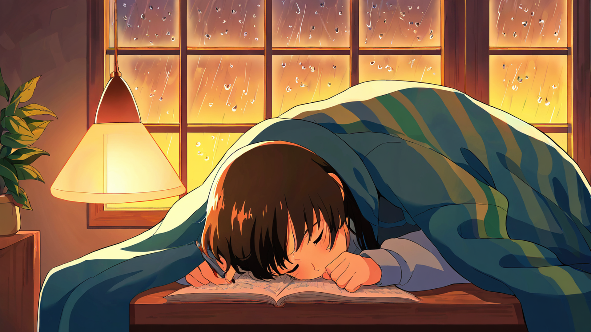 girl studying rainy window lofi wallpaper
