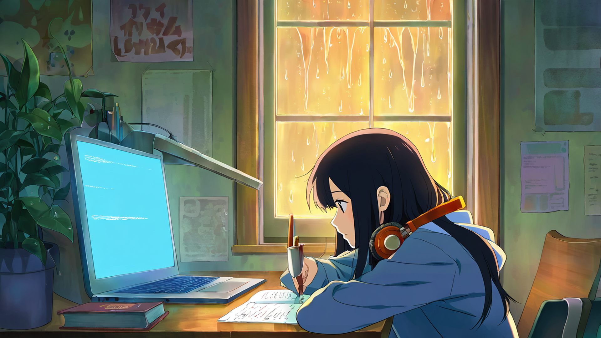 girl studying rainy window lofi wallpaper