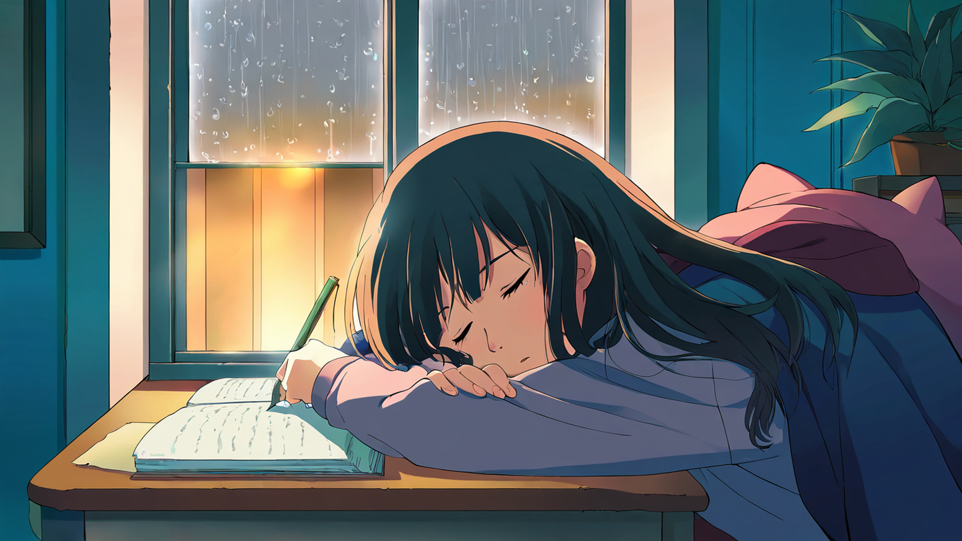 girl studying rainy window lofi wallpaper