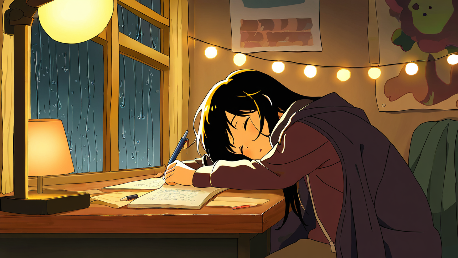 girl studying rainy window lofi wallpaper
