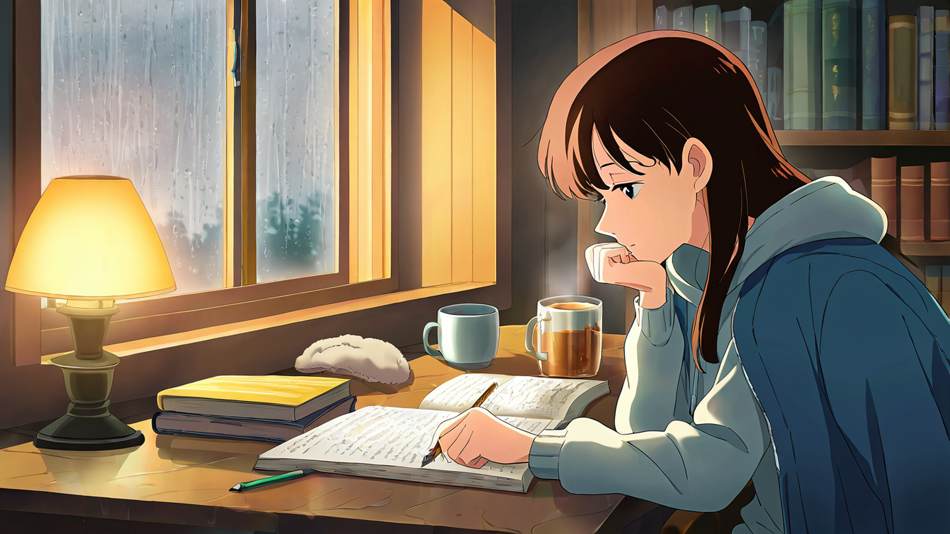 Girl Studying Rainy Window Girl Studying Rainy Window 0363784196 lofi anime wallpaper free download