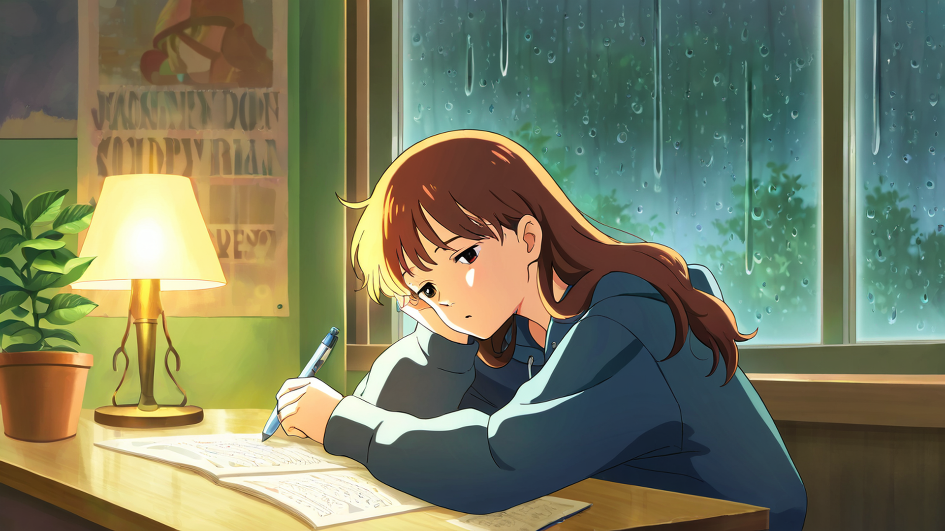 girl studying rainy window lofi wallpaper