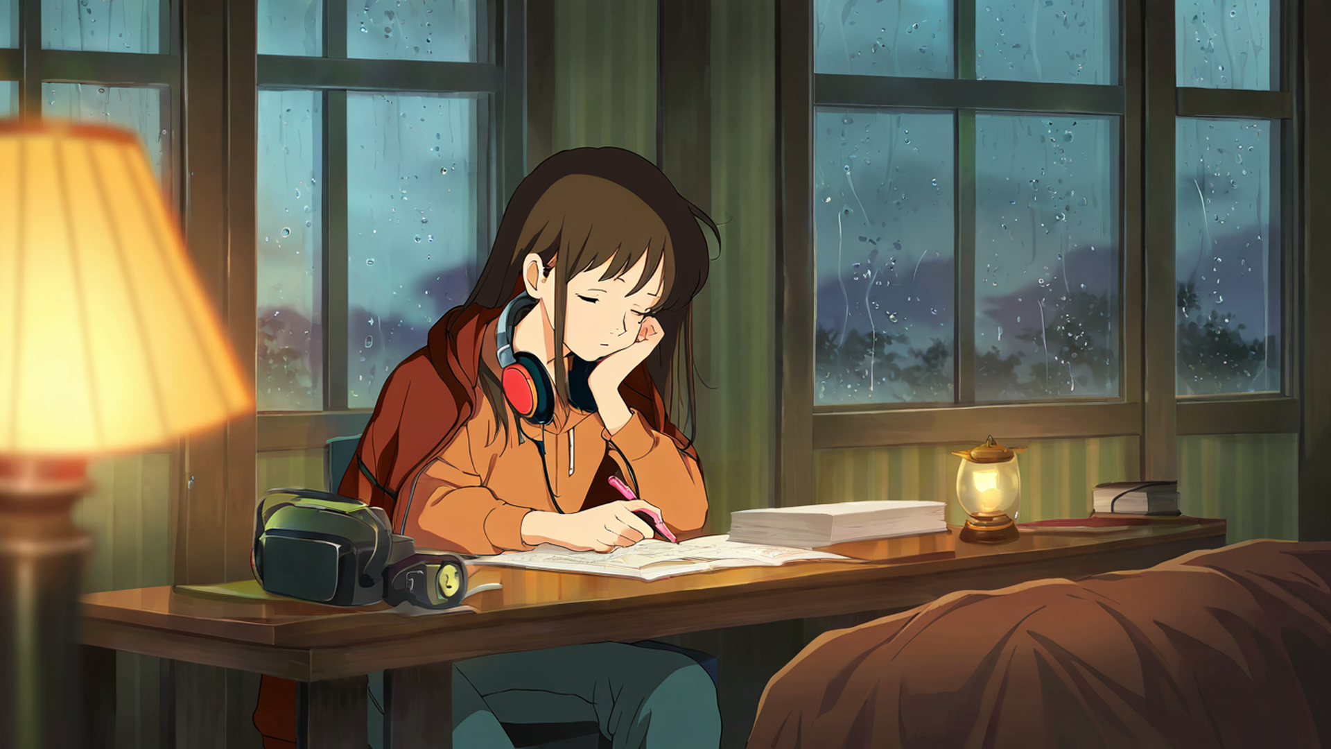 girl studying rainy window lofi wallpaper