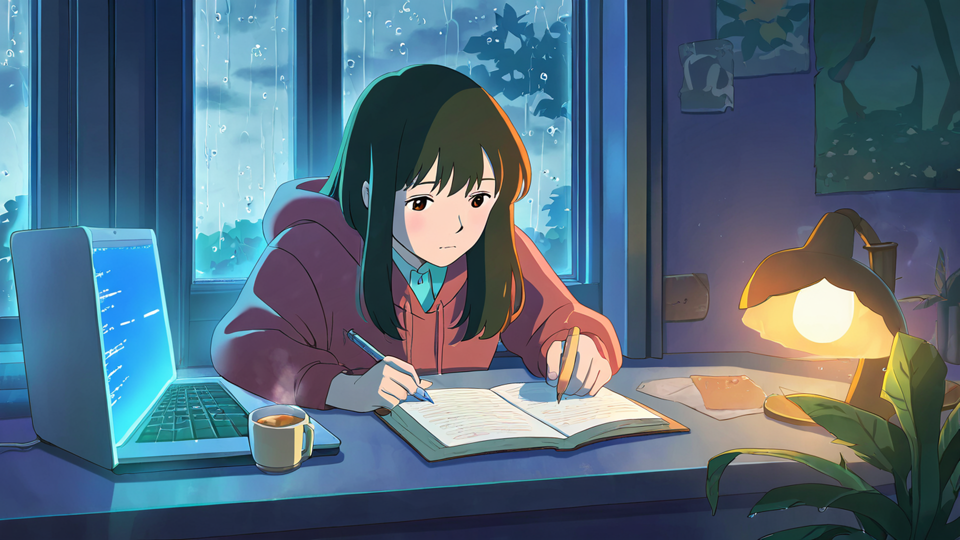 girl studying rainy window lofi wallpaper