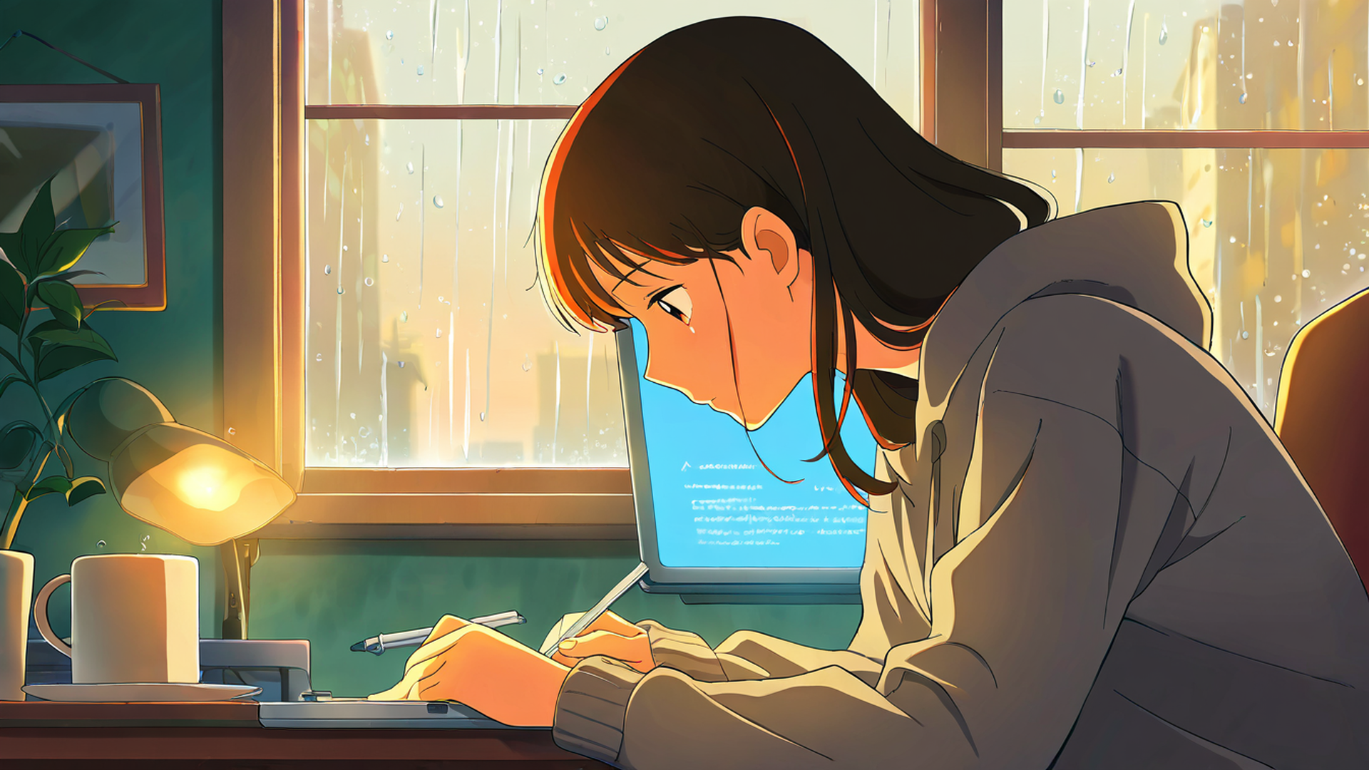 Girl Studying Rainy Window Girl Studying Rainy Window 0455083364 lofi anime wallpaper free download