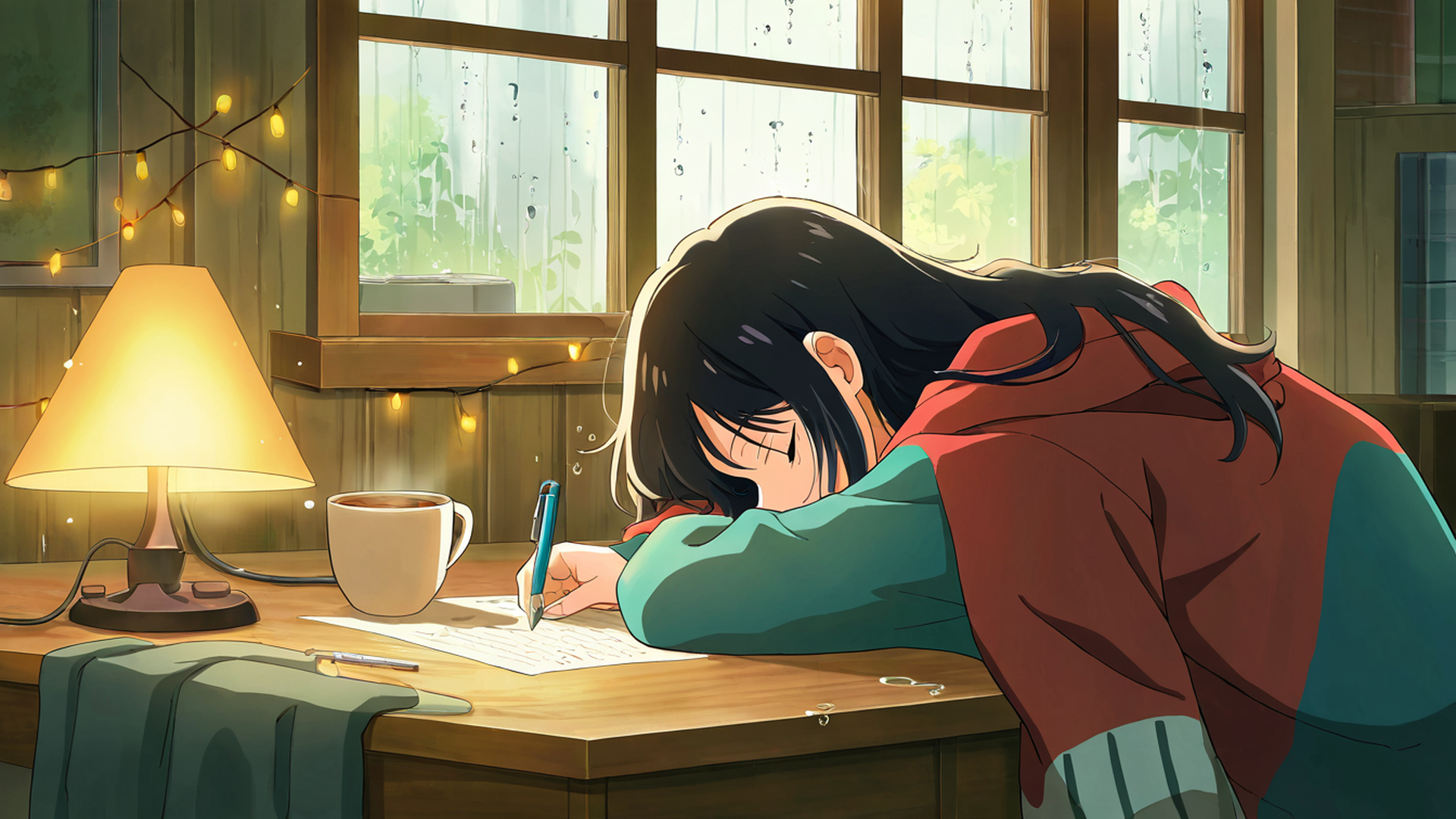 girl studying rainy window lofi wallpaper