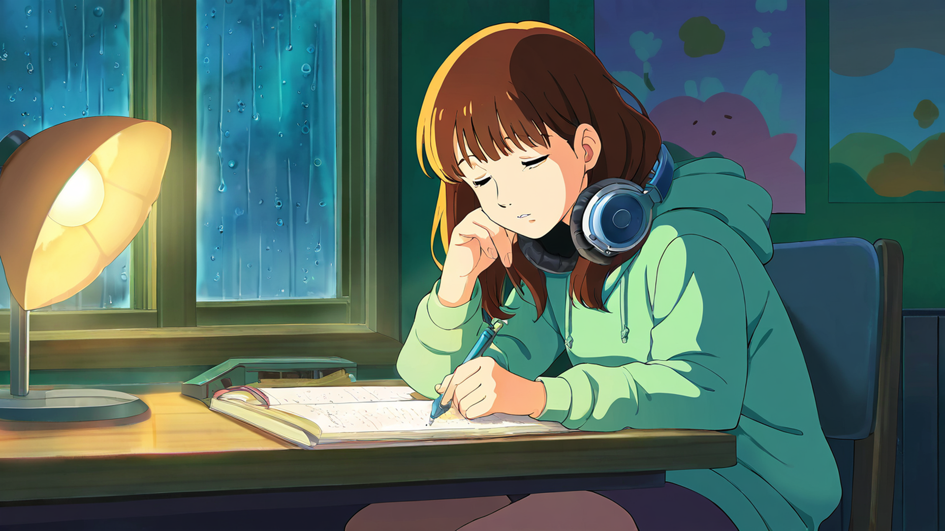 girl studying rainy window lofi wallpaper