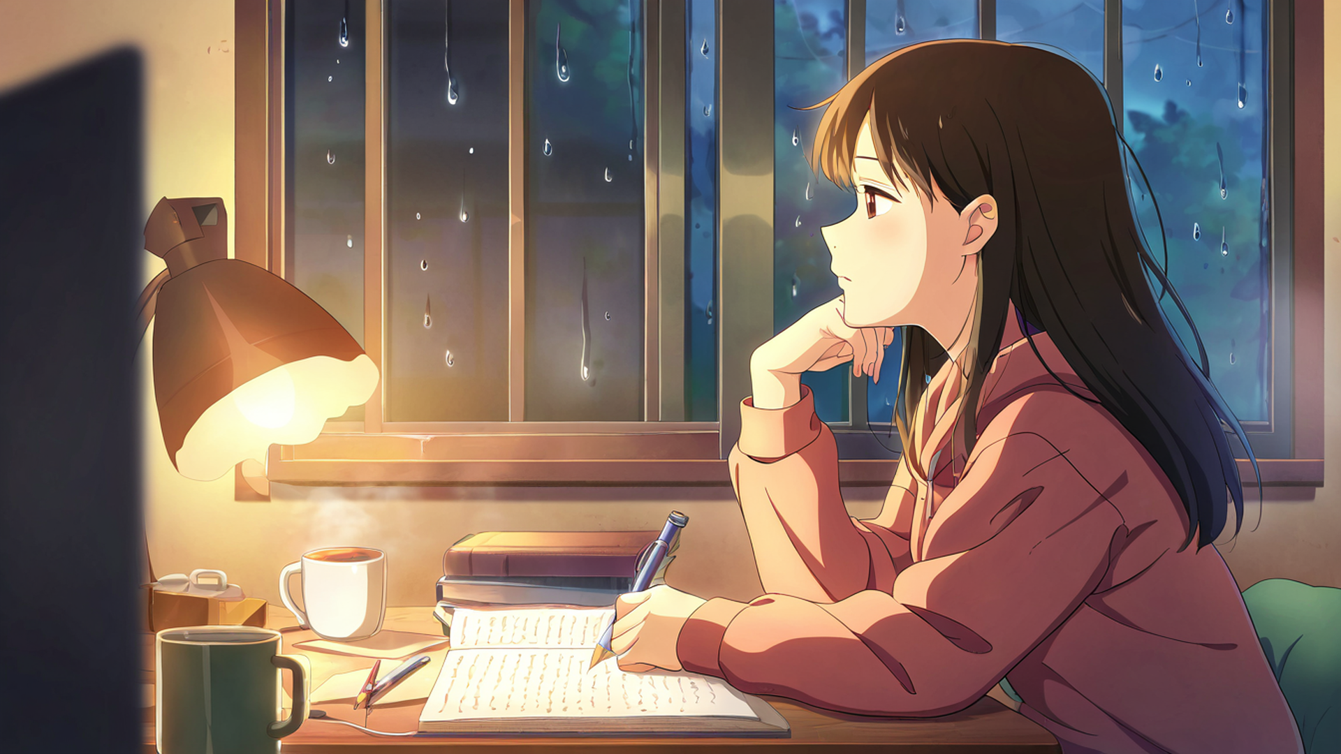 girl studying rainy window lofi wallpaper