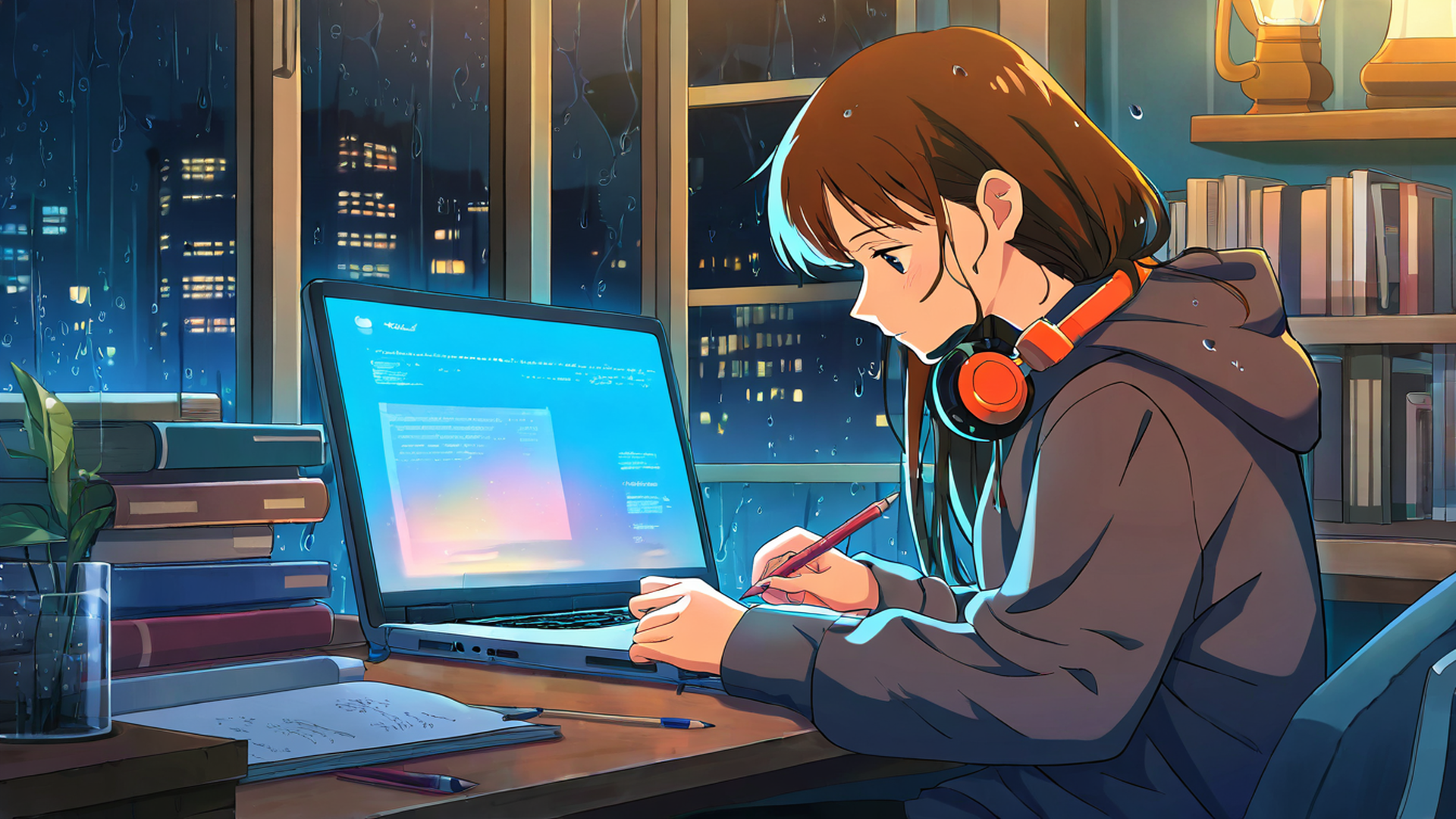girl studying rainy window lofi wallpaper