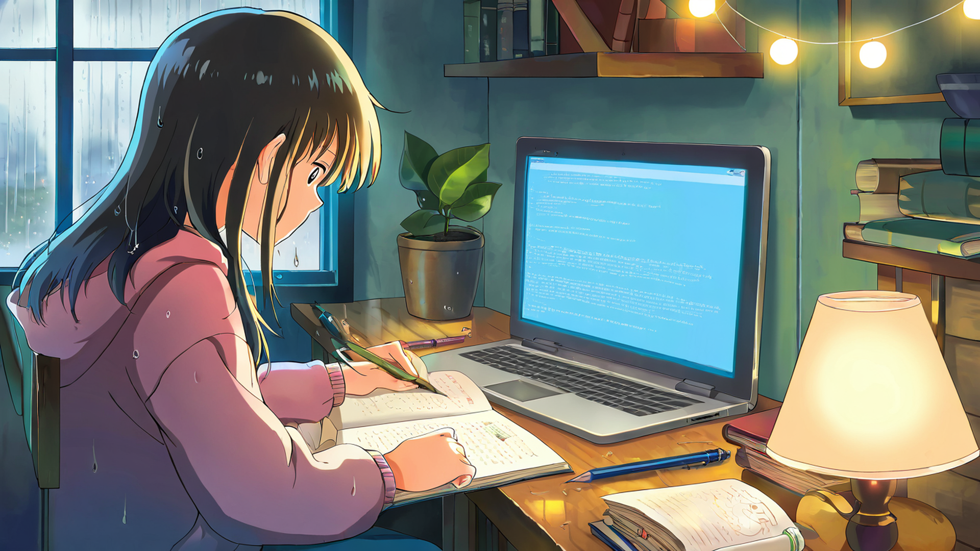 girl studying rainy window lofi wallpaper