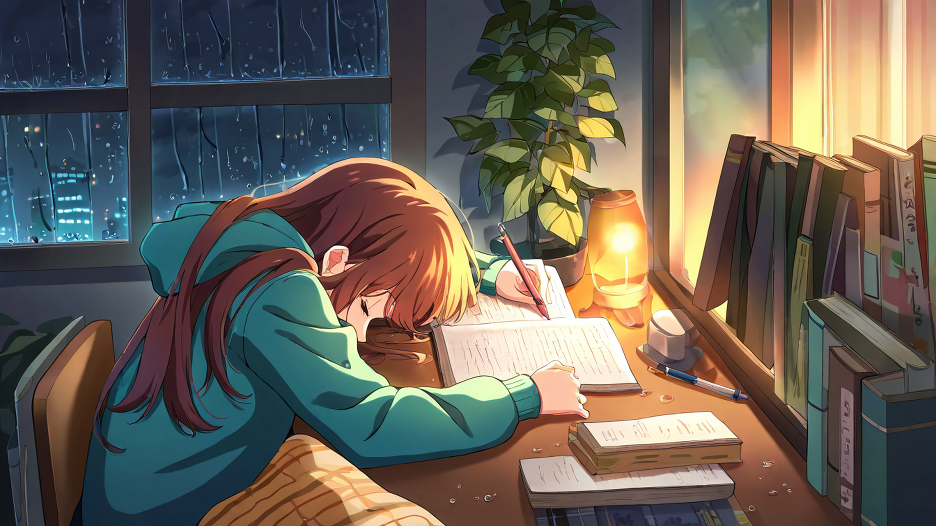 Girl Studying Rainy Window Girl Studying Rainy Window 0519082350 lofi anime wallpaper free download