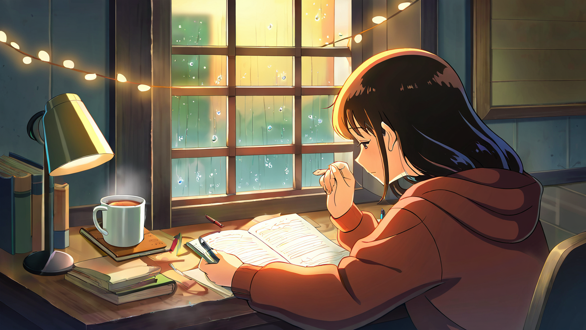 girl studying rainy window lofi wallpaper