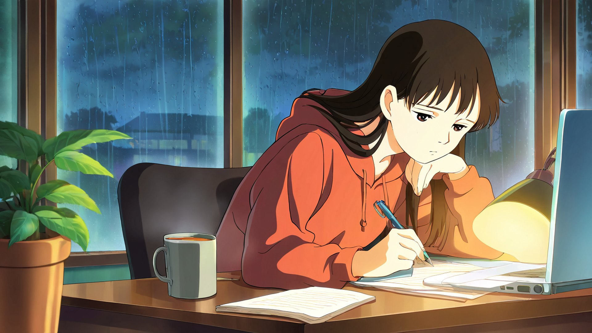 girl studying rainy window lofi wallpaper