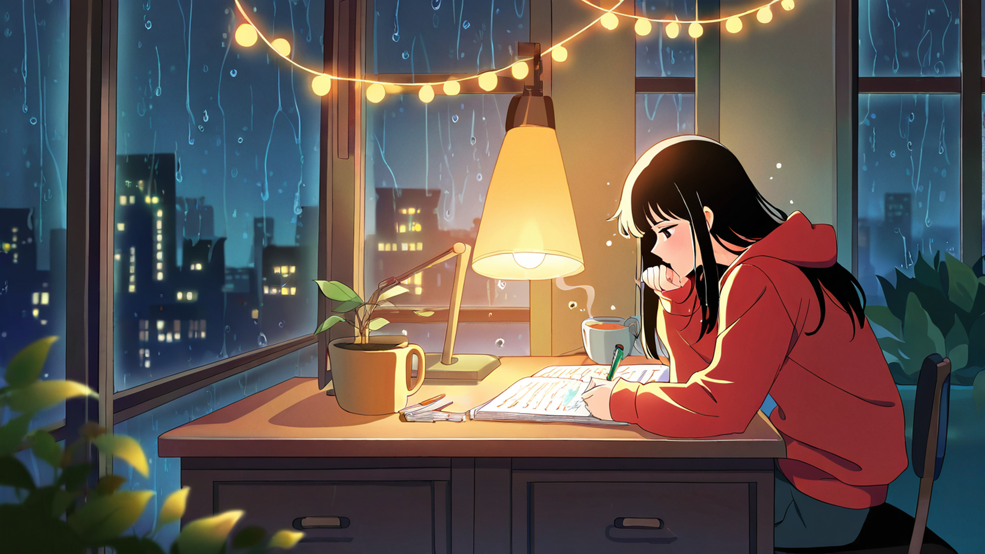 Girl Studying Rainy Window Girl Studying Rainy Window 0638005505 lofi anime wallpaper free download