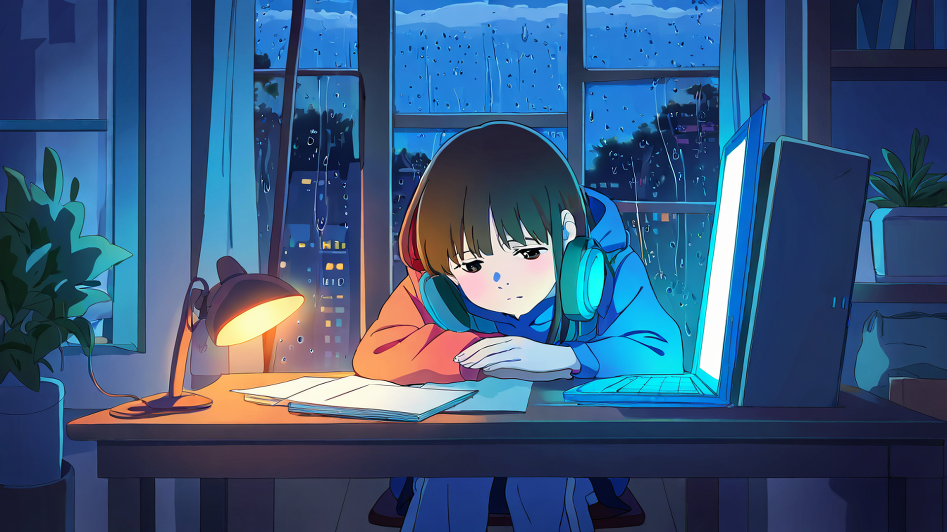 girl studying rainy window lofi wallpaper