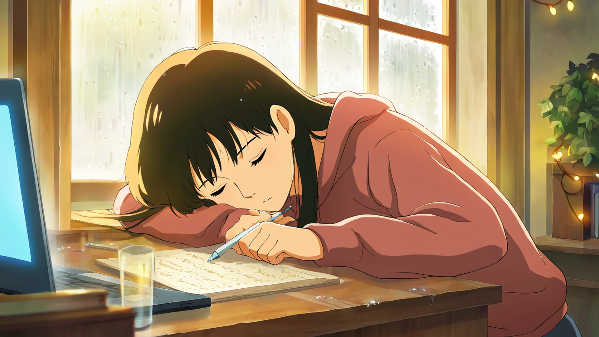 girl studying rainy window lofi wallpaper