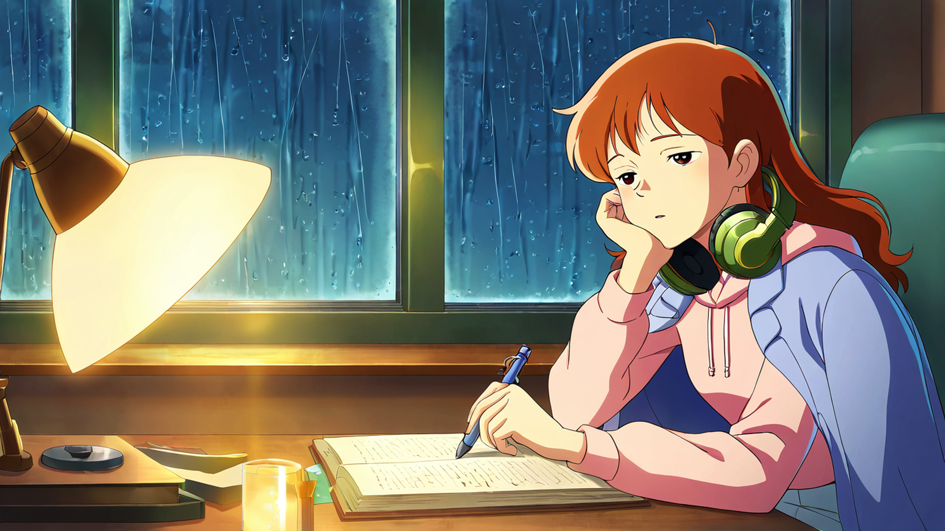 girl studying rainy window lofi wallpaper